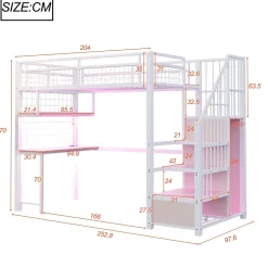 Redom Lit mezzanine 90x200 cm avec bureau intégré, étagères et marche de rangement, structure métal blanche Online