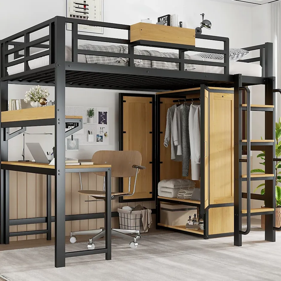 ModernLuxe Lit mezzanine 90x200 cm avec bureau et étagère - armoire à portes doubles et échelle - Métal+MDF - Noir+Naturel (sans matelas) Online