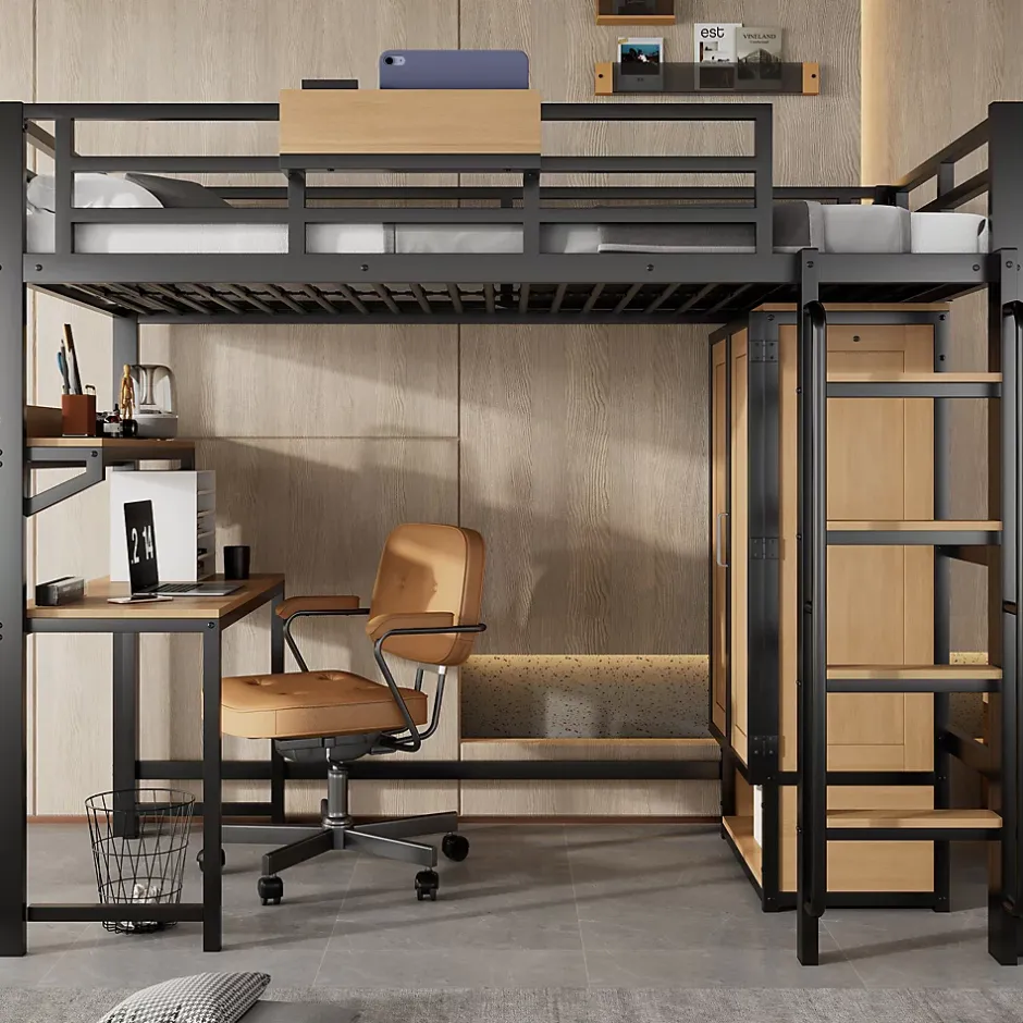ModernLuxe Lit mezzanine 90x200 cm avec bureau et étagère - armoire à portes doubles et échelle - Métal+MDF - Noir+Naturel (sans matelas) Online