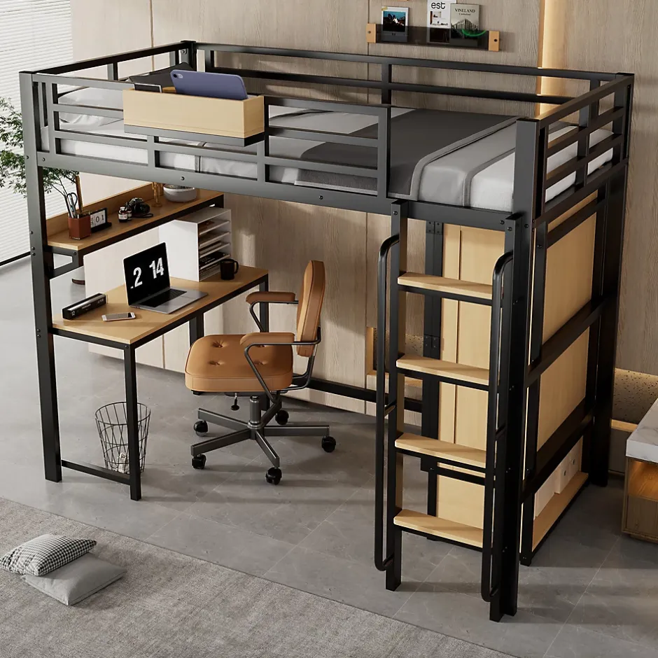 ModernLuxe Lit mezzanine 90x200 cm avec bureau et étagère - armoire à portes doubles et échelle - Métal+MDF - Noir+Naturel (sans matelas) Online