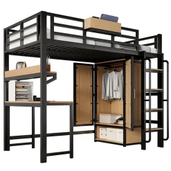 ModernLuxe Lit mezzanine 90x200 cm avec bureau et étagère - armoire à portes doubles et échelle - Métal+MDF - Noir+Naturel (sans matelas) Online