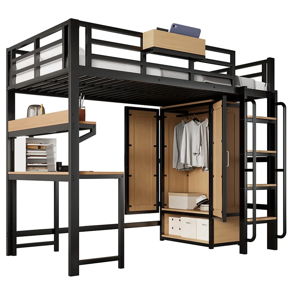 ModernLuxe Lit mezzanine 90x200 cm avec bureau et étagère - armoire à portes doubles et échelle - Métal+MDF - Noir+Naturel (sans matelas) Online