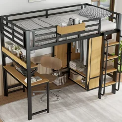 ModernLuxe Lit mezzanine 90x200 cm avec bureau et étagère - armoire à portes doubles et échelle - Métal+MDF - Noir+Naturel (sans matelas) Online