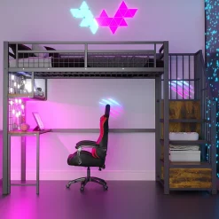 Enfant Redom Lit mezzanine 90x200 cm avec bureau intégré, étagères et échelle de rangement en métal noir pour chambre ado