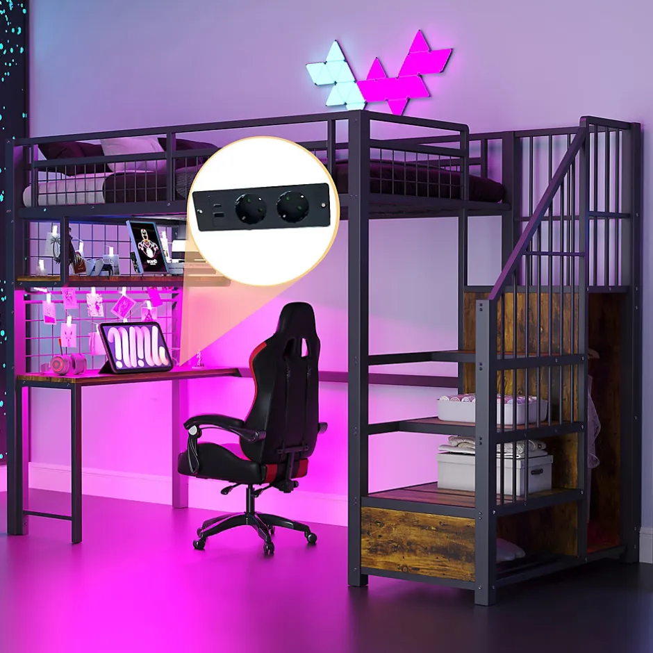 Enfant Redom Lit mezzanine 90x200 cm avec bureau intégré, étagères et échelle de rangement en métal noir pour chambre ado