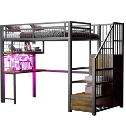 Enfant Redom Lit mezzanine 90x200 cm avec bureau intégré, étagères et échelle de rangement en métal noir pour chambre ado