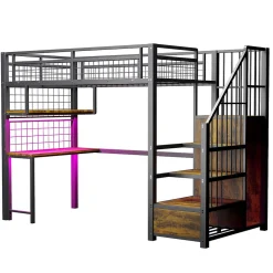 Enfant Redom Lit mezzanine 90x200 cm avec bureau intégré, étagères et échelle de rangement en métal noir pour chambre ado