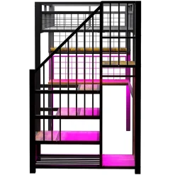 Enfant Redom Lit mezzanine 90x200 cm avec bureau intégré, étagères et échelle de rangement en métal noir pour chambre ado