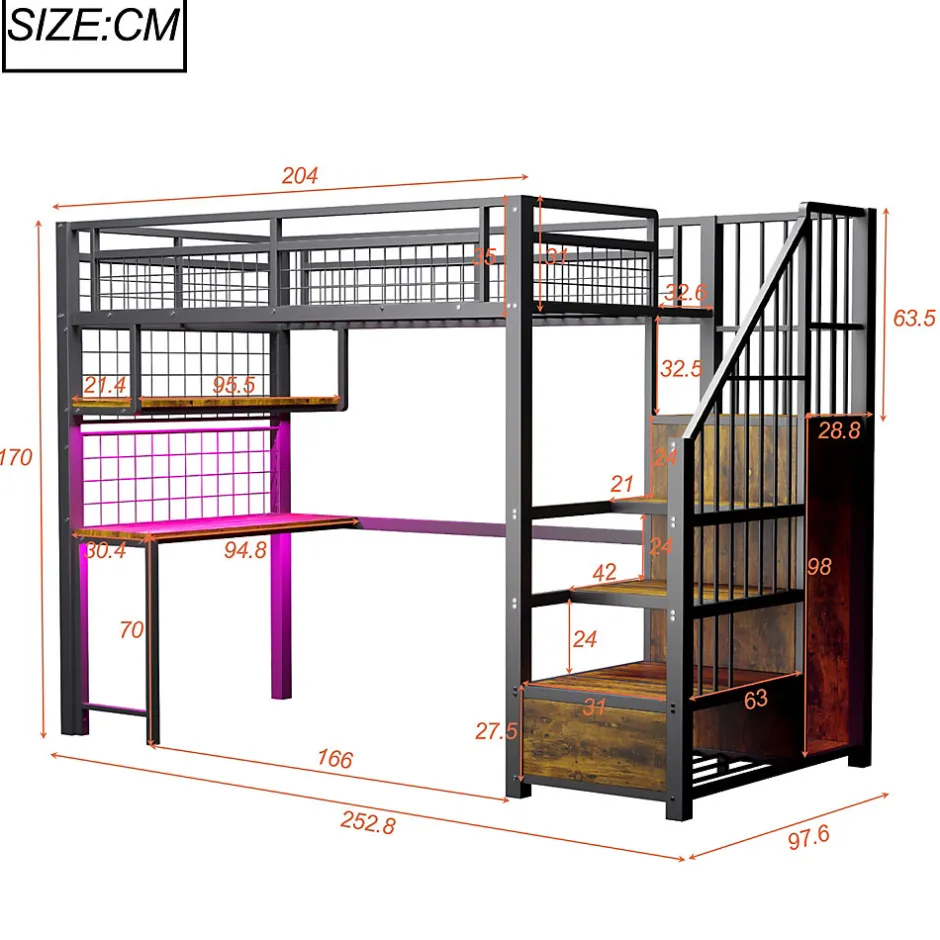Enfant Redom Lit mezzanine 90x200 cm avec bureau intégré, étagères et échelle de rangement en métal noir pour chambre ado
