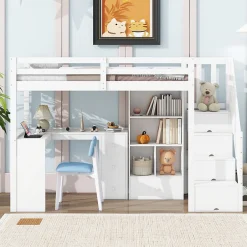 Enfant Redom Lit mezzanine 90x200 cm avec bureau integre tiroirs et etageres structure pin et MDF blanc
