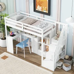 Enfant Redom Lit mezzanine 90x200 cm avec bureau integre tiroirs et etageres structure pin et MDF blanc