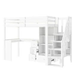 Enfant Redom Lit mezzanine 90x200 cm avec bureau integre tiroirs et etageres structure pin et MDF blanc
