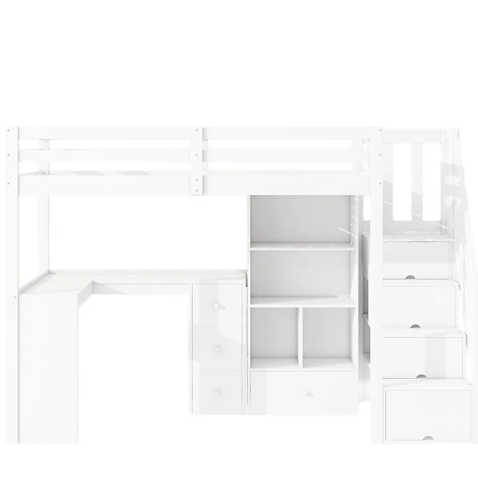 Enfant Redom Lit mezzanine 90x200 cm avec bureau integre tiroirs et etageres structure pin et MDF blanc