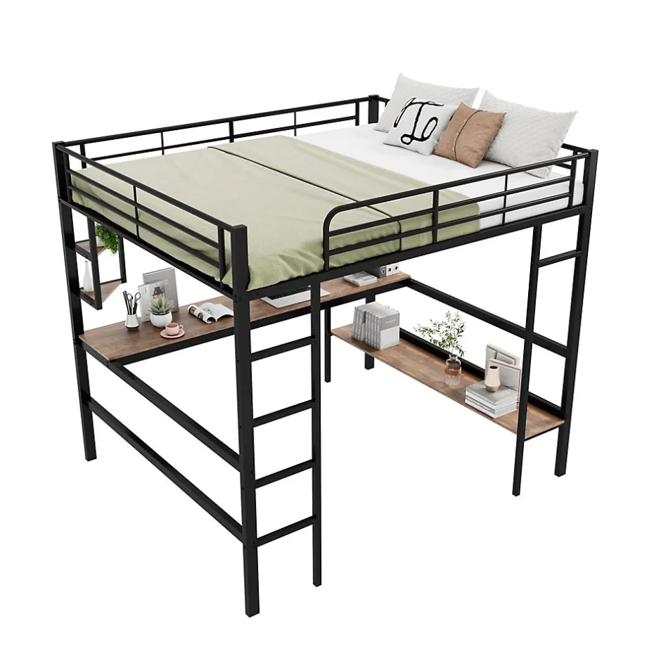 Redom Lit mezzanine 140x200 cm avec bureau et étagères intégrées, cadre métal noir fonctionnel