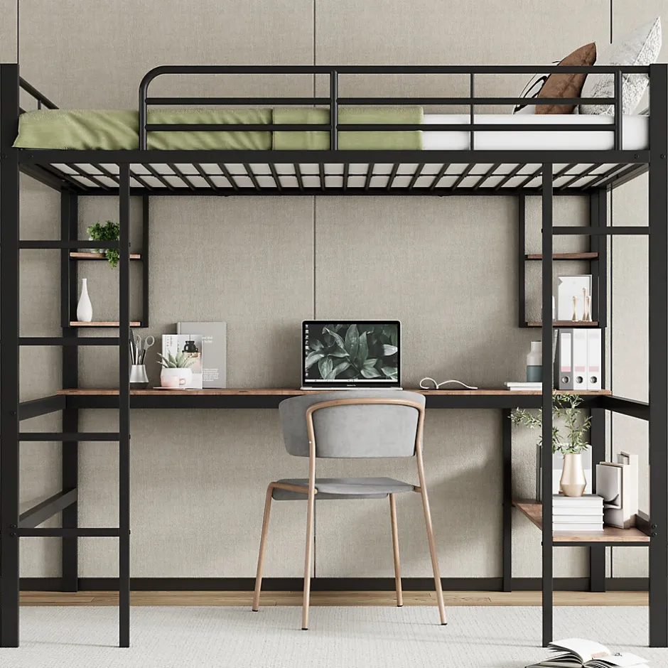 Redom Lit mezzanine 140x200 cm avec bureau et étagères intégrées, cadre métal noir fonctionnel