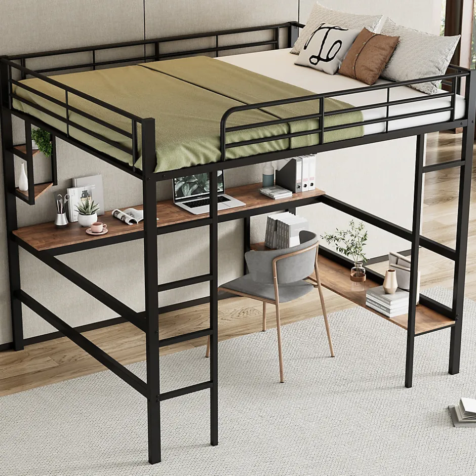 Redom Lit mezzanine 140x200 cm avec bureau et étagères intégrées, cadre métal noir fonctionnel