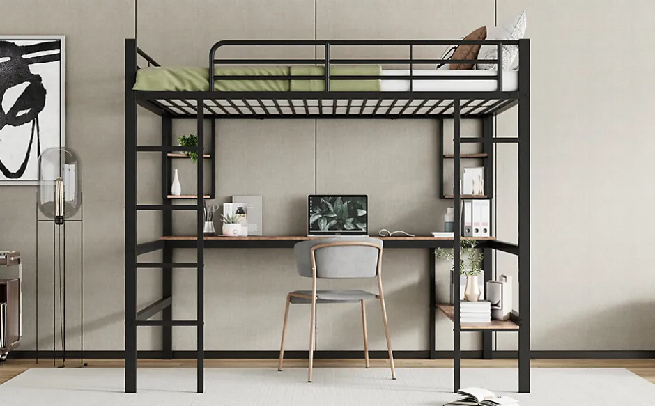 Redom Lit mezzanine 140x200 cm avec bureau et étagères intégrées, cadre métal noir fonctionnel