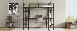 Redom Lit mezzanine 140x200 cm avec bureau et étagères intégrées, cadre métal noir fonctionnel