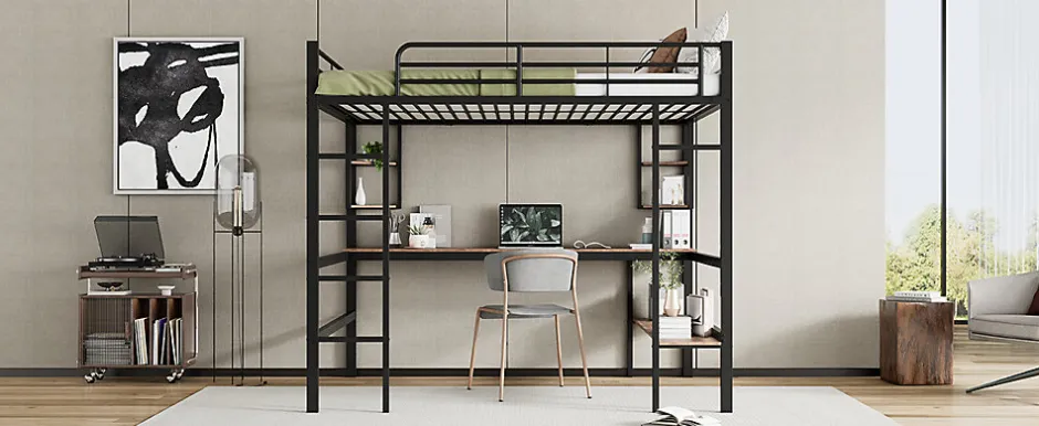Redom Lit mezzanine 140x200 cm avec bureau et étagères intégrées, cadre métal noir fonctionnel