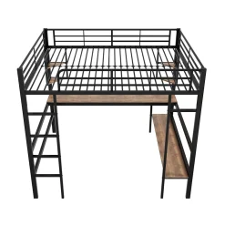 Redom Lit mezzanine 140x200 cm avec bureau et étagères intégrées, cadre métal noir fonctionnel