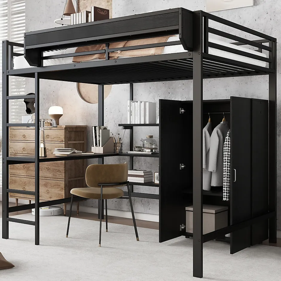 ModernLuxe Lit mezzanine 140x200 cm avec bureau et étagère de rangement - avec garde-robe - Métal + MDF - Noir (sans matelas)