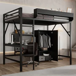 ModernLuxe Lit mezzanine 140x200 cm avec bureau et étagère de rangement - avec garde-robe - Métal + MDF - Noir (sans matelas)
