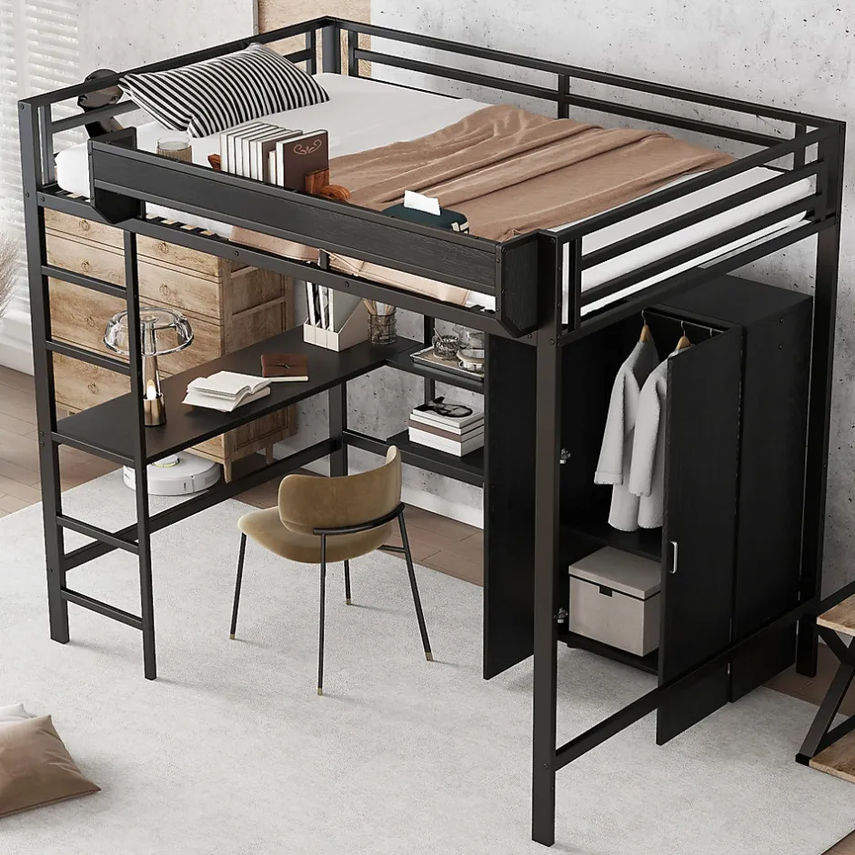 ModernLuxe Lit mezzanine 140x200 cm avec bureau et étagère de rangement - avec garde-robe - Métal + MDF - Noir (sans matelas)