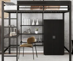 ModernLuxe Lit mezzanine 140x200 cm avec bureau et étagère de rangement - avec garde-robe - Métal + MDF - Noir (sans matelas)