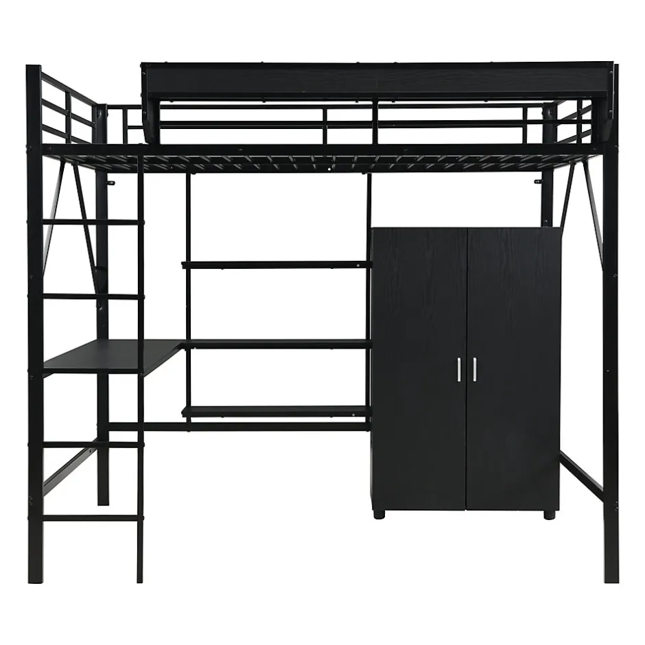 ModernLuxe Lit mezzanine 140x200 cm avec bureau et étagère de rangement - avec garde-robe - Métal + MDF - Noir (sans matelas)