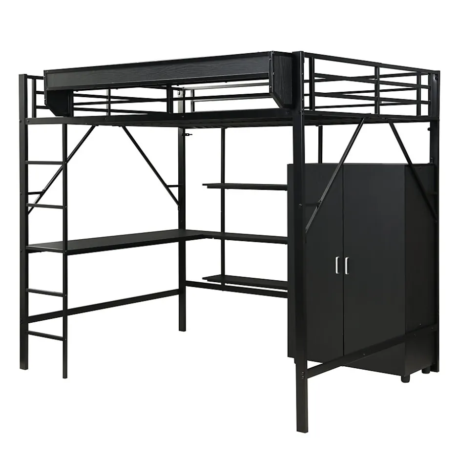 ModernLuxe Lit mezzanine 140x200 cm avec bureau et étagère de rangement - avec garde-robe - Métal + MDF - Noir (sans matelas)
