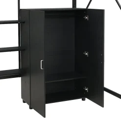 ModernLuxe Lit mezzanine 140x200 cm avec bureau et étagère de rangement - avec garde-robe - Métal + MDF - Noir (sans matelas)