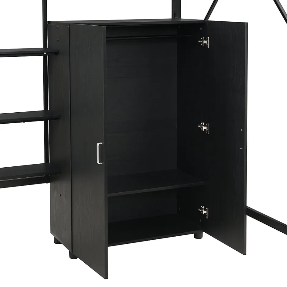ModernLuxe Lit mezzanine 140x200 cm avec bureau et étagère de rangement - avec garde-robe - Métal + MDF - Noir (sans matelas)
