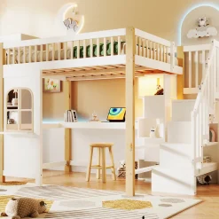 Okwish Lit mezzanine 140x200 cm avec bureau et escalier de rangement - lit ado gain de place - pin MDF blanc naturel - sans matelas
