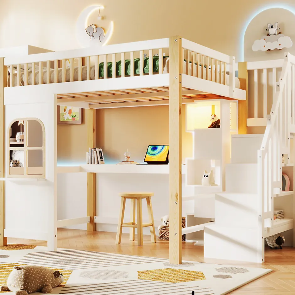 Okwish Lit mezzanine 140x200 cm avec bureau et escalier de rangement - lit ado gain de place - pin MDF blanc naturel - sans matelas