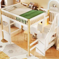 Okwish Lit mezzanine 140x200 cm avec bureau et escalier de rangement - lit ado gain de place - pin MDF blanc naturel - sans matelas