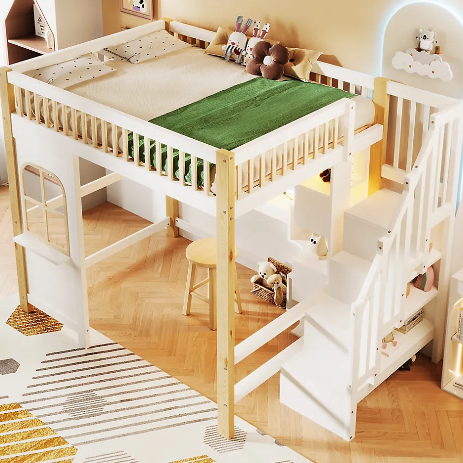Okwish Lit mezzanine 140x200 cm avec bureau et escalier de rangement - lit ado gain de place - pin MDF blanc naturel - sans matelas