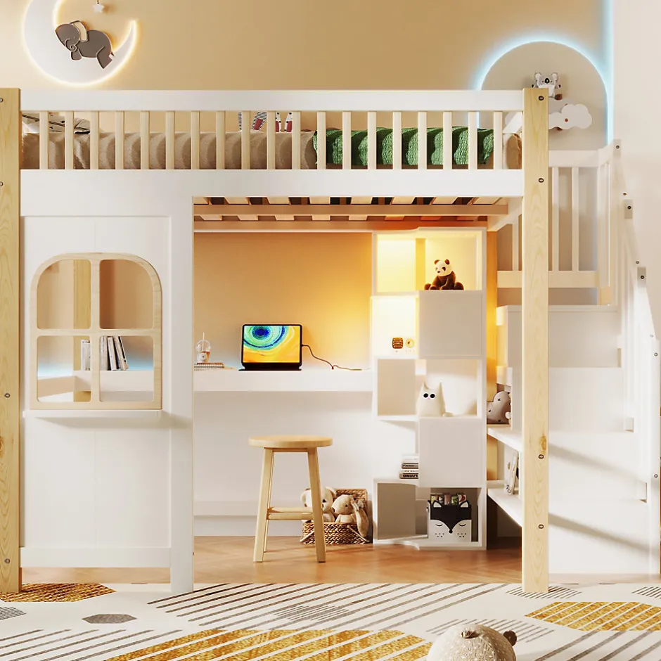 Okwish Lit mezzanine 140x200 cm avec bureau et escalier de rangement - lit ado gain de place - pin MDF blanc naturel - sans matelas
