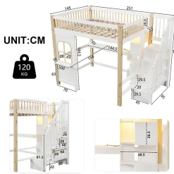 Okwish Lit mezzanine 140x200 cm avec bureau et escalier de rangement - lit ado gain de place - pin MDF blanc naturel - sans matelas