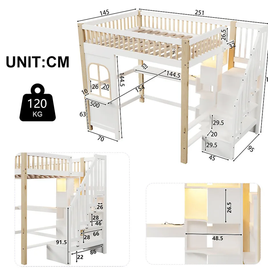 Okwish Lit mezzanine 140x200 cm avec bureau et escalier de rangement - lit ado gain de place - pin MDF blanc naturel - sans matelas