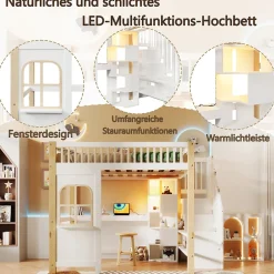 Okwish Lit mezzanine 140x200 cm avec bureau et escalier de rangement - lit ado gain de place - pin MDF blanc naturel - sans matelas
