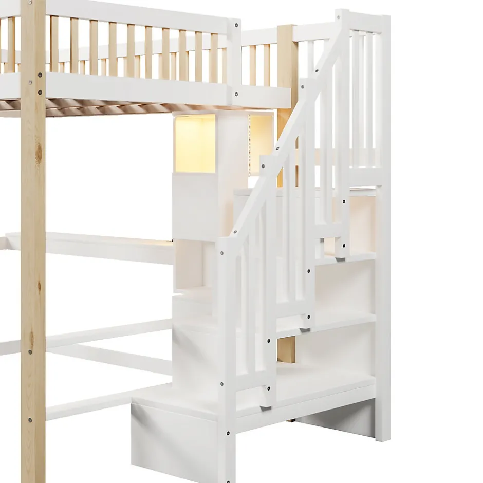 Okwish Lit mezzanine 140x200 cm avec bureau et escalier de rangement - lit ado gain de place - pin MDF blanc naturel - sans matelas