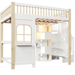 Okwish Lit mezzanine 140x200 cm avec bureau et escalier de rangement - lit ado gain de place - pin MDF blanc naturel - sans matelas