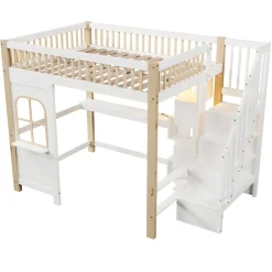 Okwish Lit mezzanine 140x200 cm avec bureau et escalier de rangement - lit ado gain de place - pin MDF blanc naturel - sans matelas