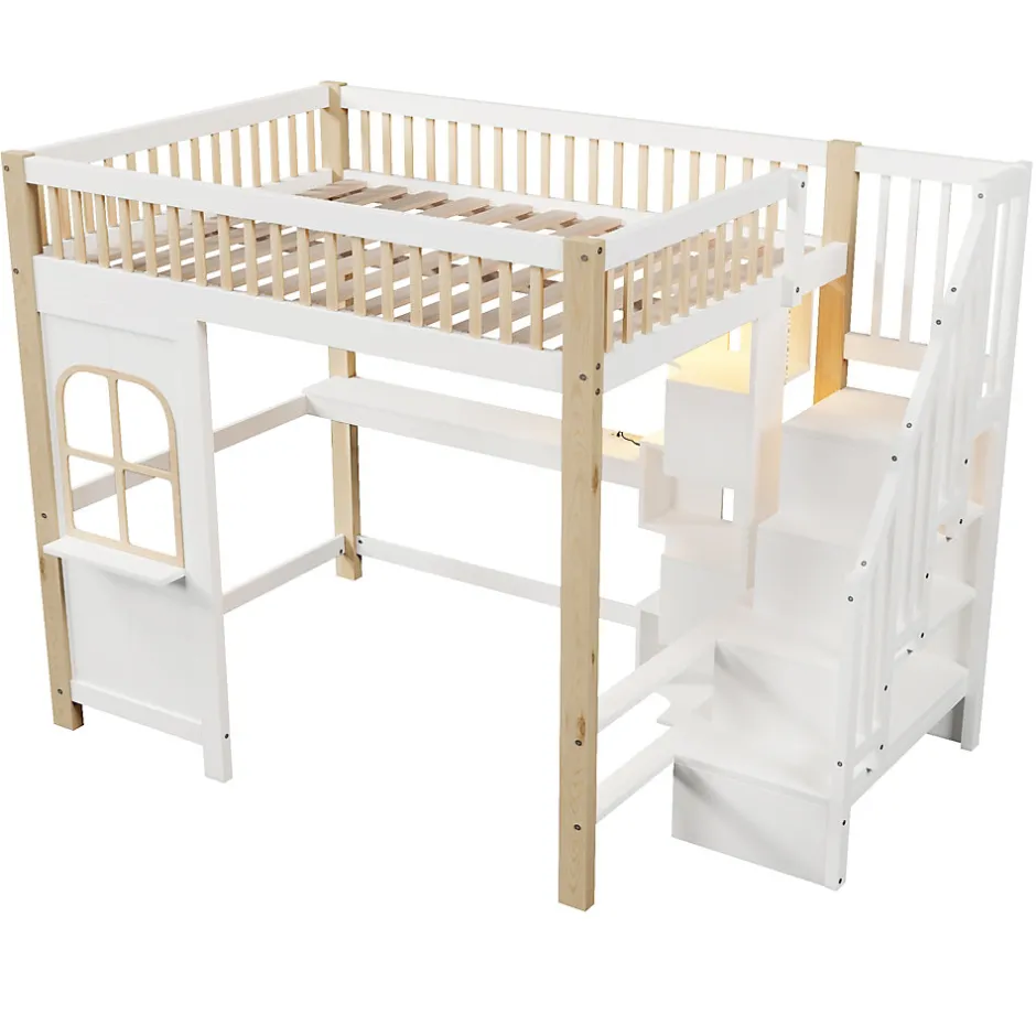 Okwish Lit mezzanine 140x200 cm avec bureau et escalier de rangement - lit ado gain de place - pin MDF blanc naturel - sans matelas