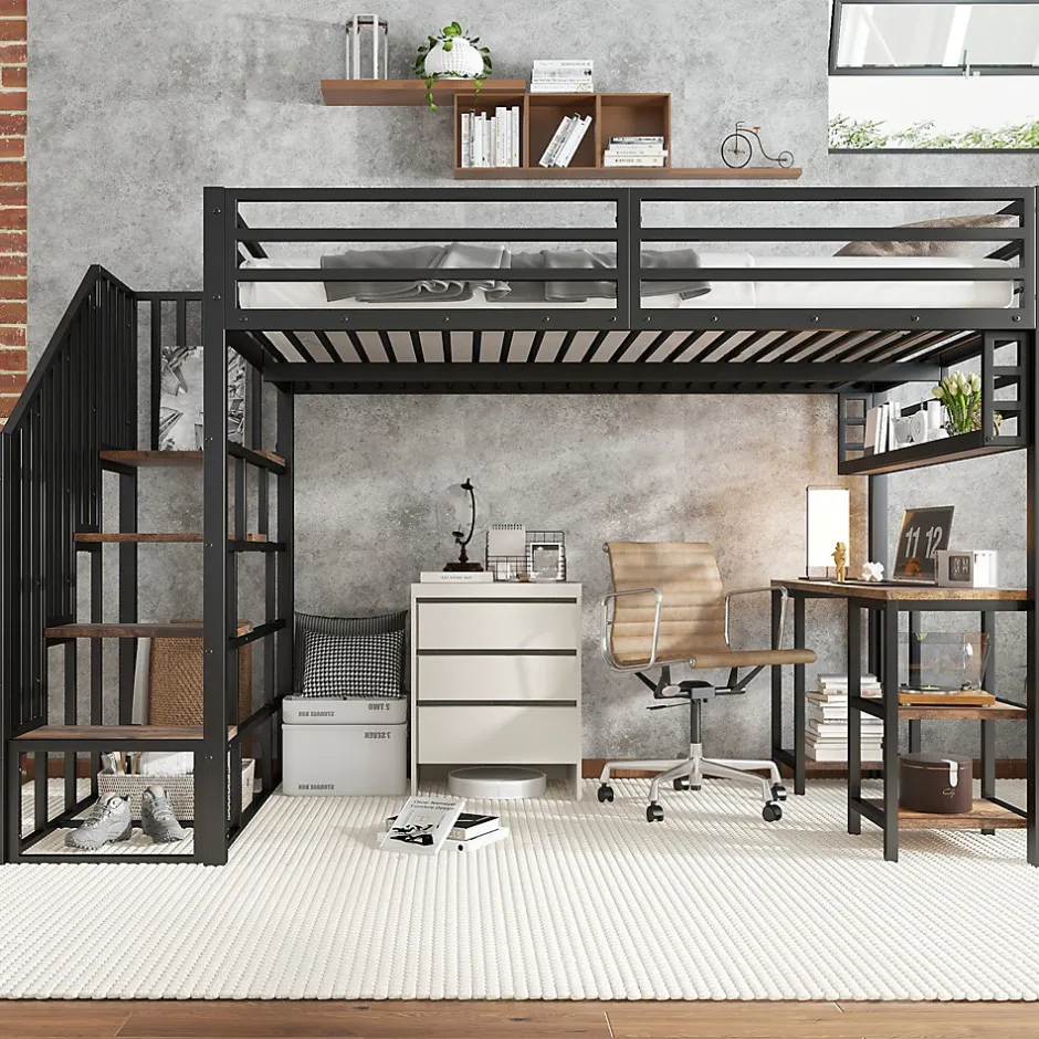 ModernLuxe Lit mezzanine 120x200 cm avec bureau et étagère - escaliers avec rampes - Métal+panneaux de particules - Noir (sans matelas)