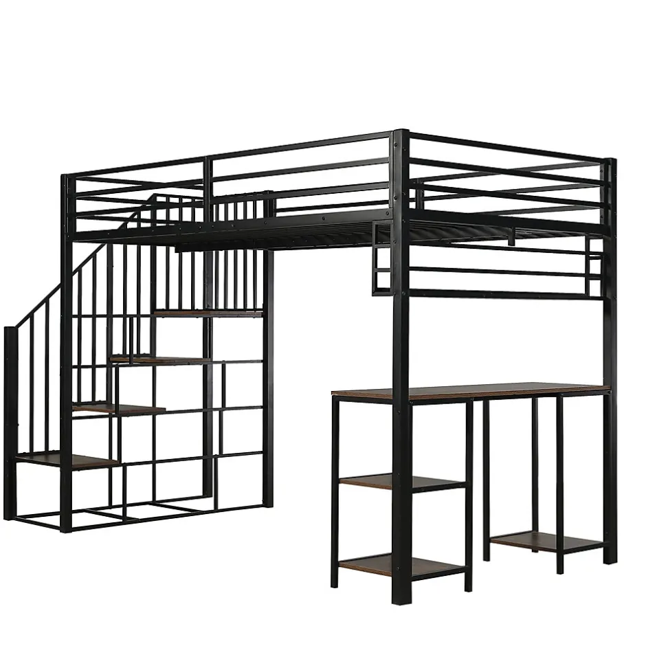 ModernLuxe Lit mezzanine 120x200 cm avec bureau et étagère - escaliers avec rampes - Métal+panneaux de particules - Noir (sans matelas)