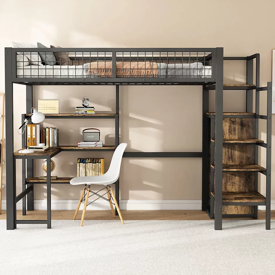 Okwish Lit mezzanine 90x200 cm avec bureau, placard et étagères, structure métal robuste, noir, sans matelas Online