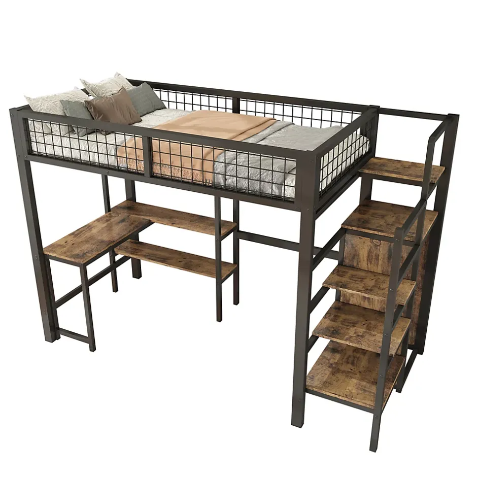 Okwish Lit mezzanine 90x200 cm avec bureau, placard et étagères, structure métal robuste, noir, sans matelas Online