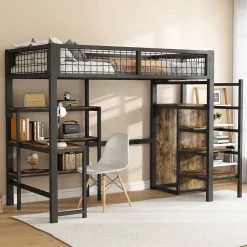 Okwish Lit mezzanine 90x200 cm avec bureau, placard et étagères, structure métal robuste, noir, sans matelas Online