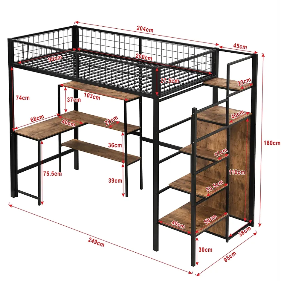 Okwish Lit mezzanine 90x200 cm avec bureau, placard et étagères, structure métal robuste, noir, sans matelas Online